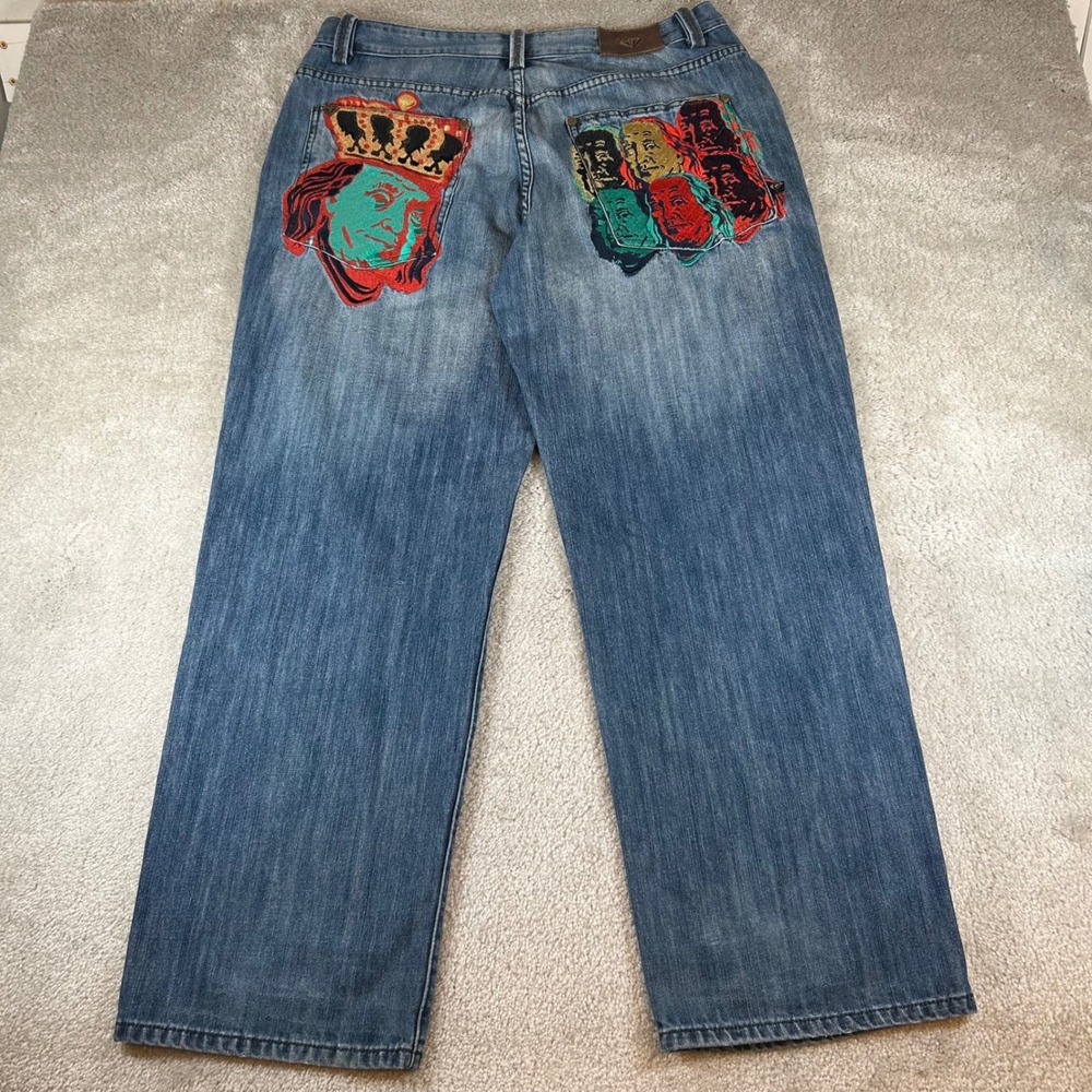 Hood Rich Jeans Men 38 Blue Denim Baggy Benjamin Franklin Embroidered Y2K Style